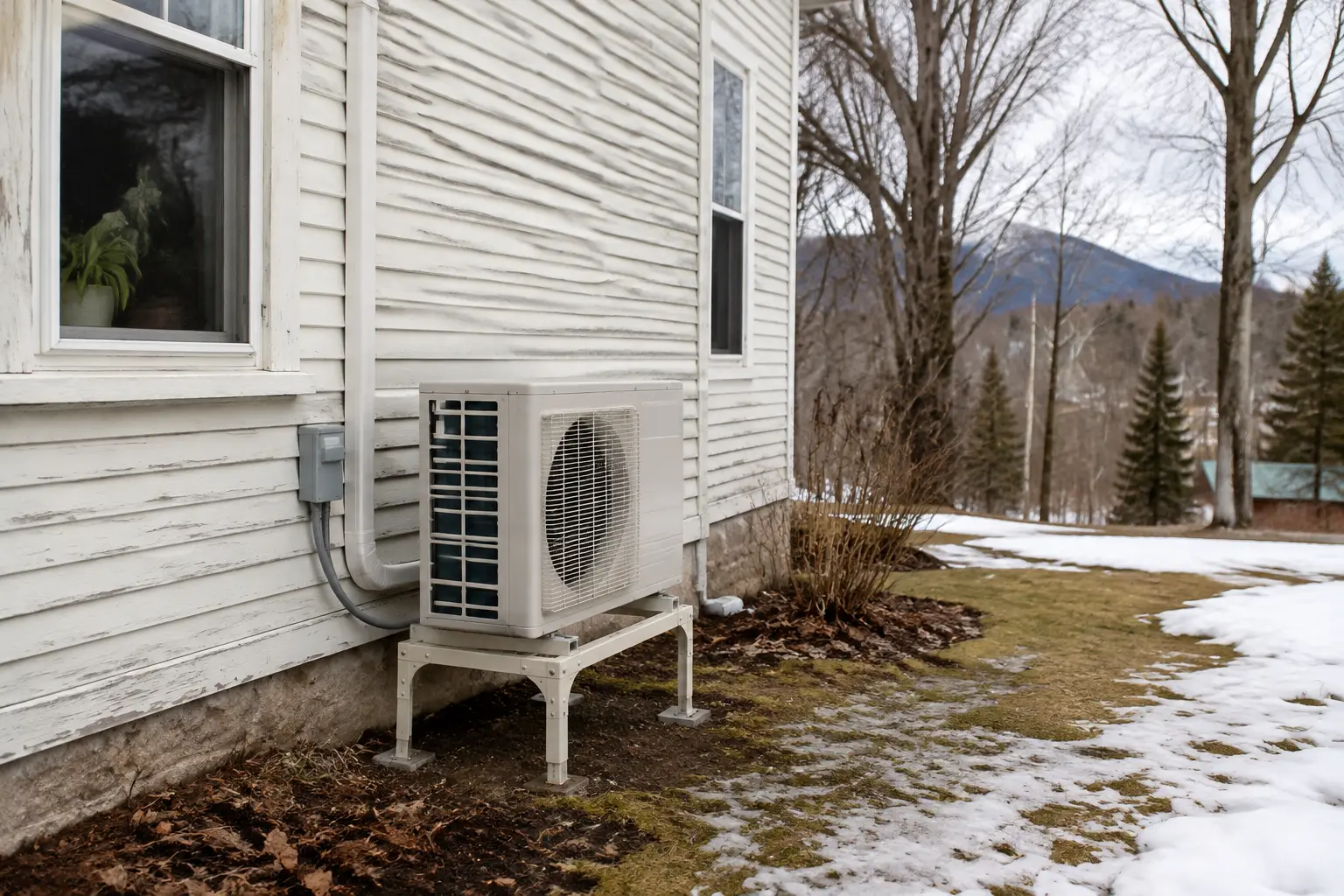 Cold-climate heat pump installed on a raised stand beside a Vermont home